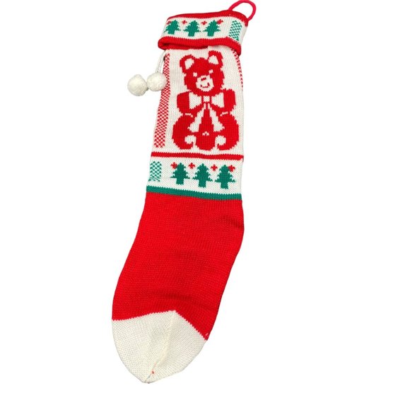 Vintage Teddy Bear Knit Christmas Stocking with pom poms 21" - Picture 2 of 14